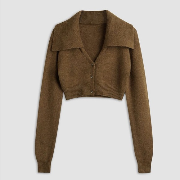 Commense Sweaters - Brown Cropped Cartigan Sweater with Collar